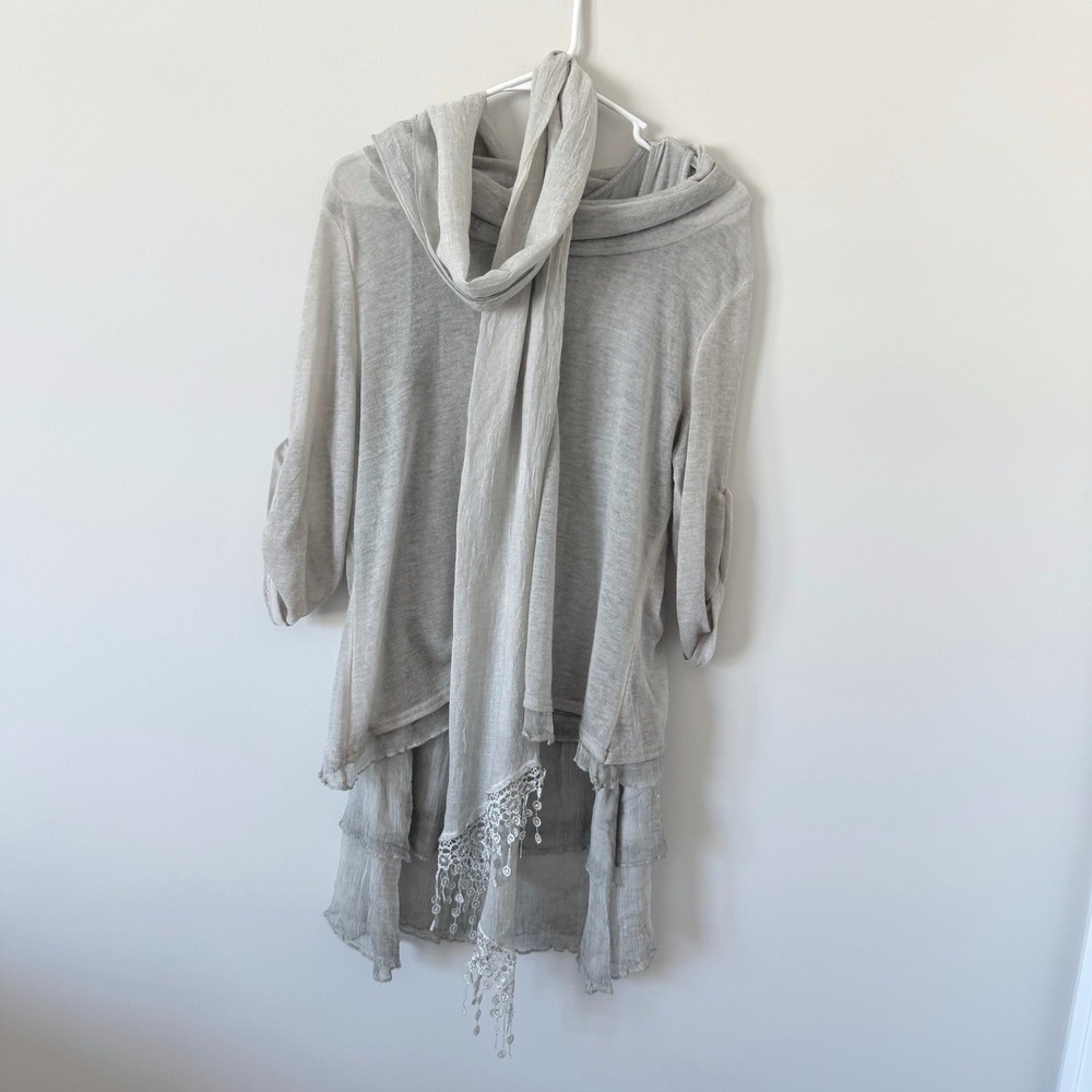 Fantazia Women Gray 3 Pc Set Linen Blend Tunic Tank Sheer Overlay‎ Scarf MED New